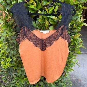 Lovestitch M Rust Burnt Orange Lace Cami Satin V-Neck Whimsigoth Coquette Y2K